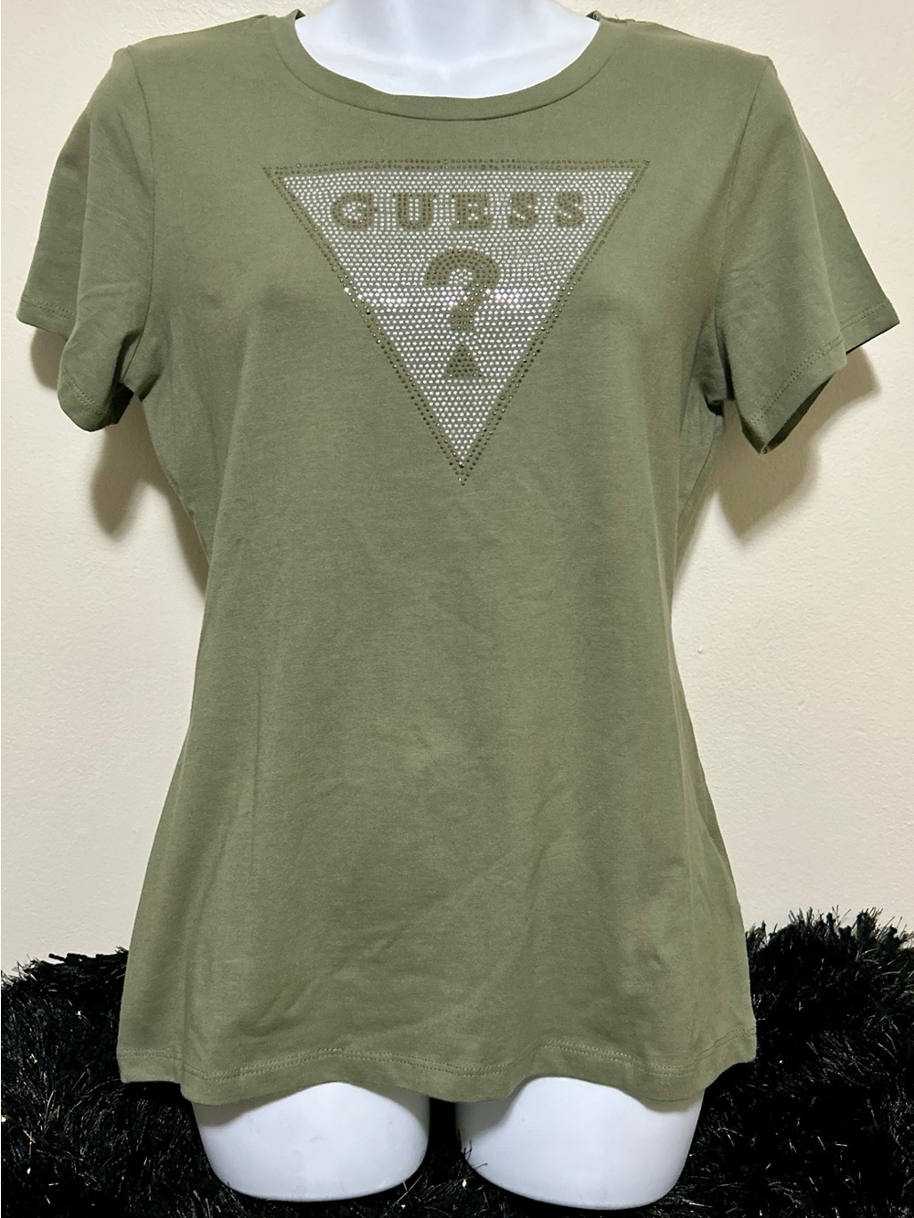 GUESS Olive Green Crystal Triangle Logo Short Sleeve Tee